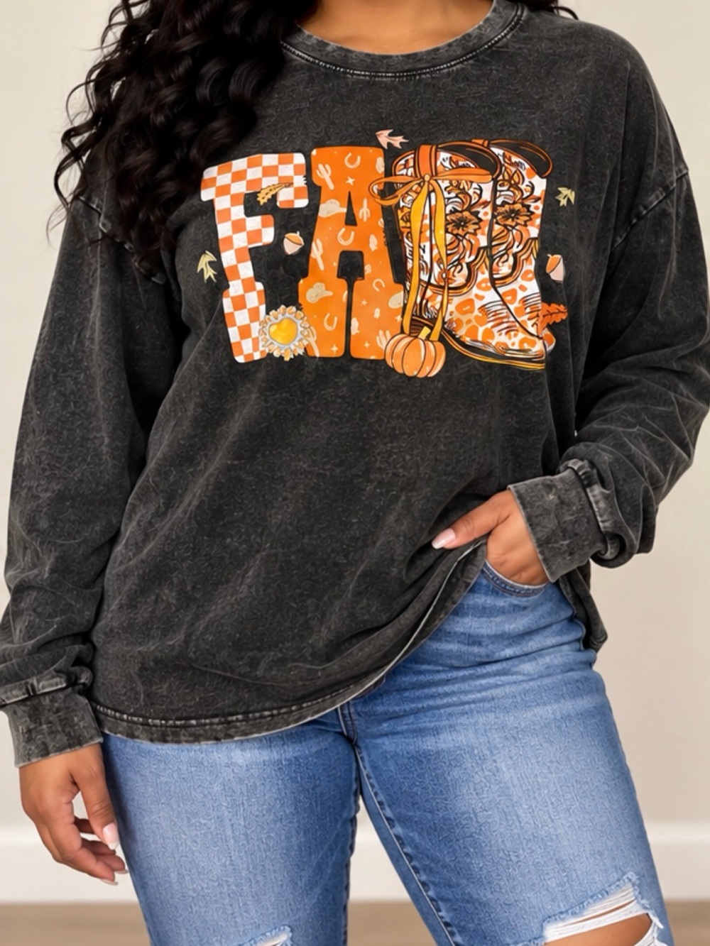Fall Graphic Oversized Acid Wash Long Sleeve Tee | Western Boots